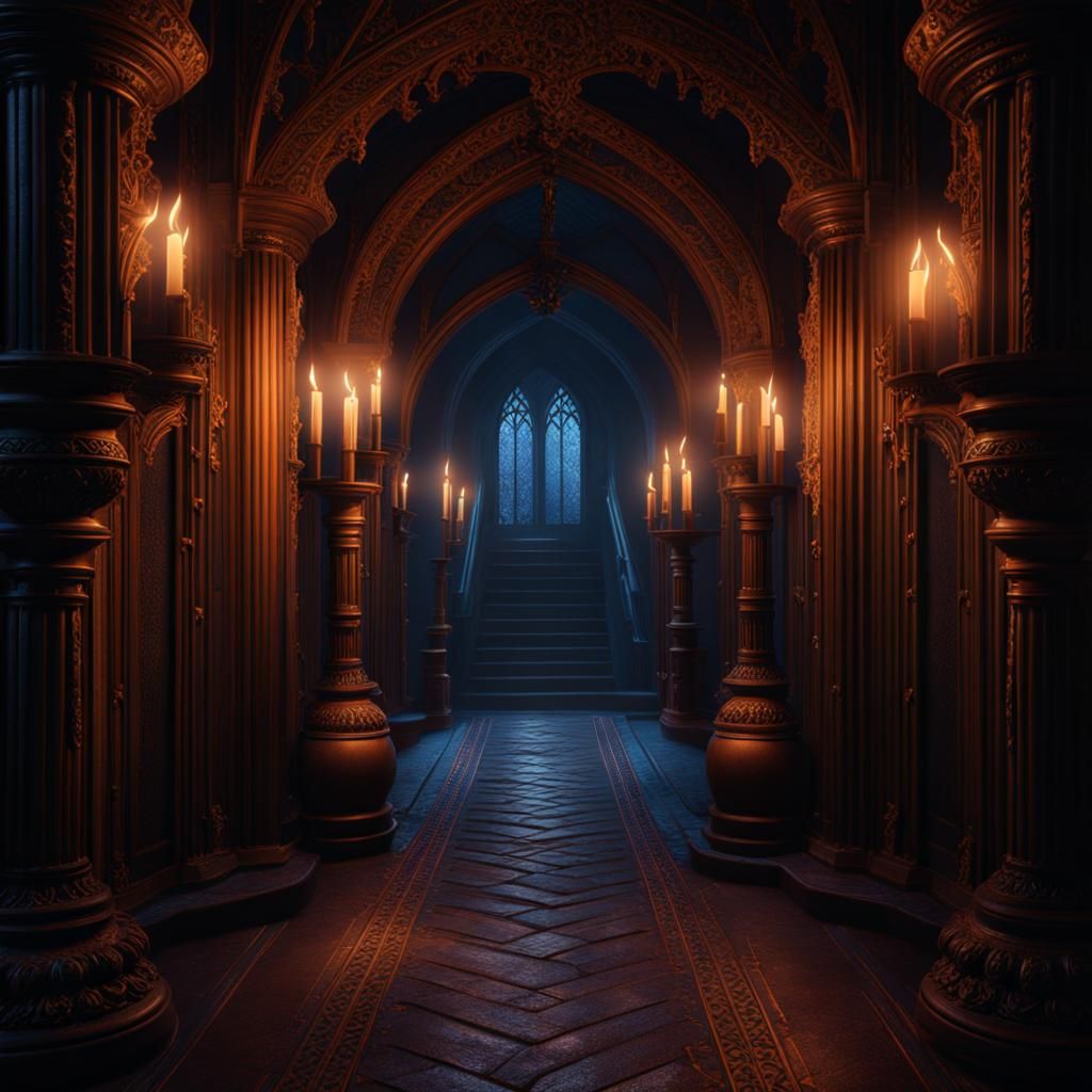 Spooky Castle Hallway with Ominous Wayfarer
