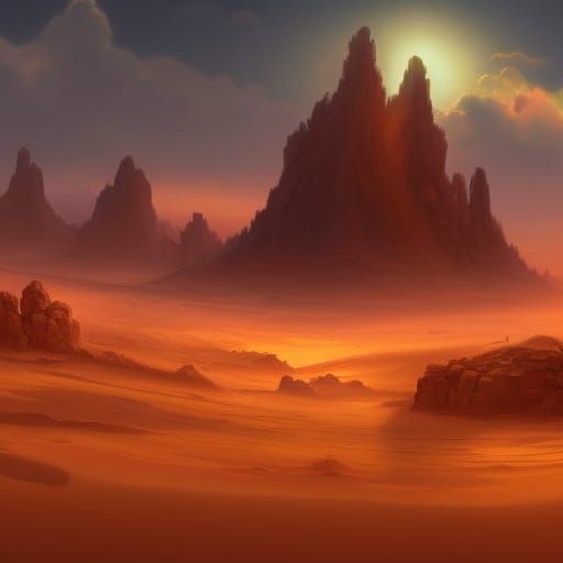 Warm Desert Sunset in Detailed Matte Painting Style