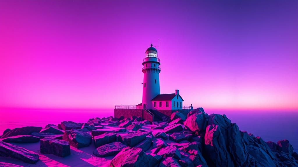 Disco Lighthouse on Rocky Coastline in Retro-Futuristic Styl...