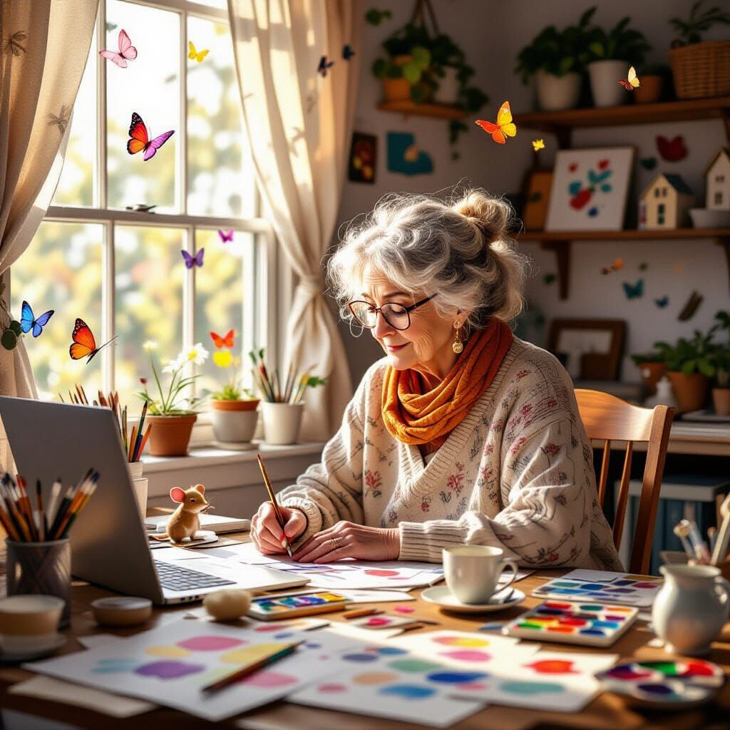 Elderly Illustrator's Magical Studio in Golden Light
