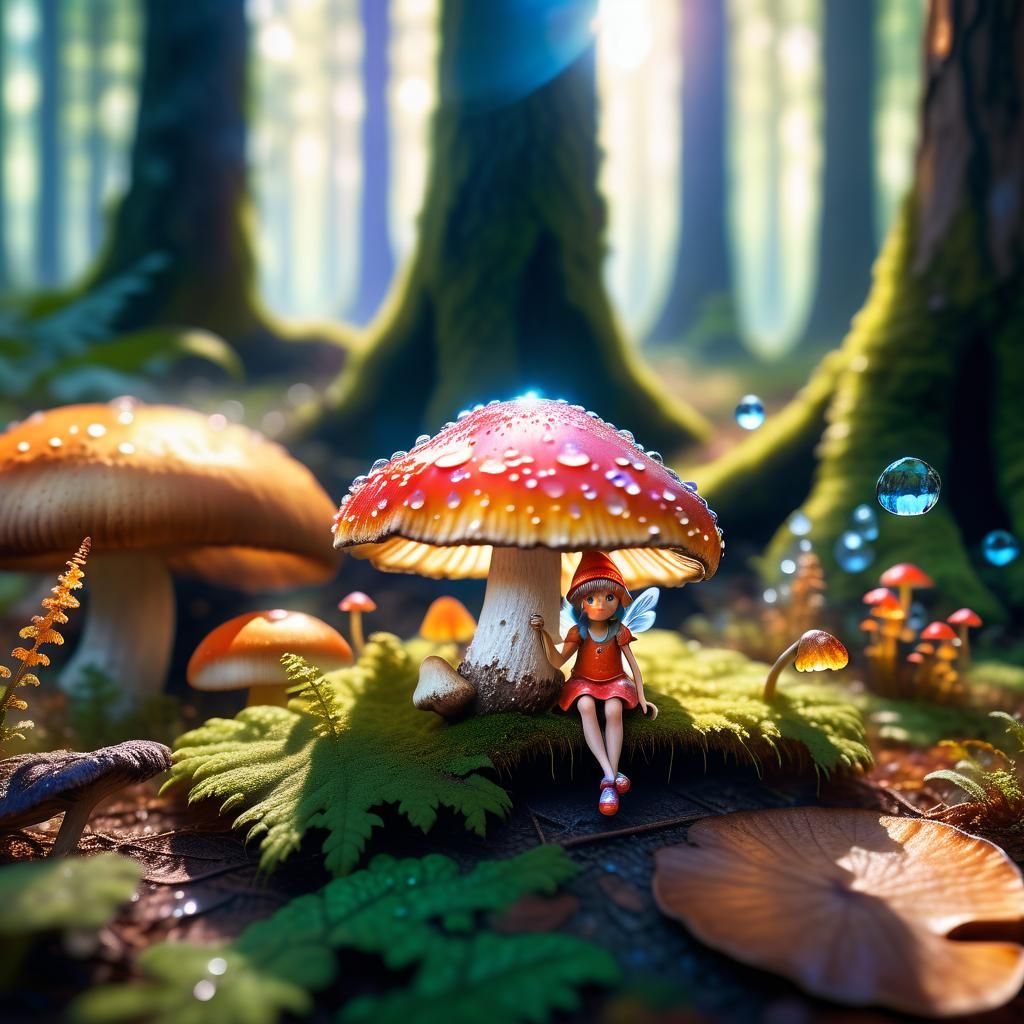 Macro Fairy on Mushroom in Sunlight