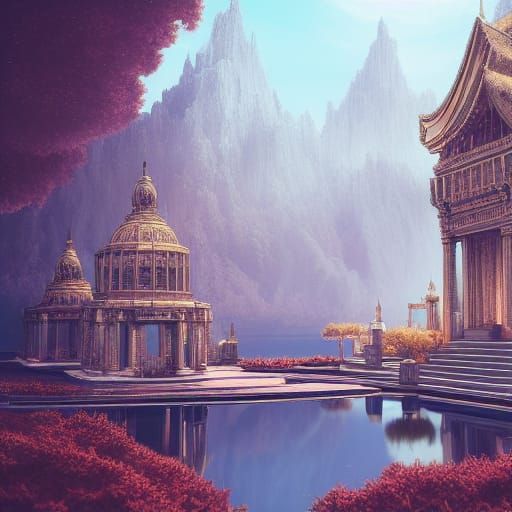 Serene Glass and Marble Temple in Fantasy Landscape