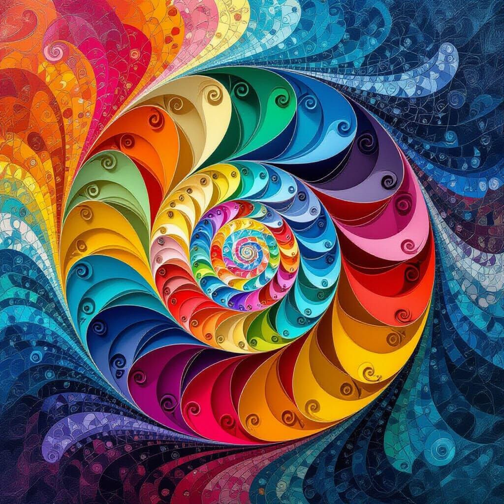 Escher-Inspired Fibonacci Shell with Dynamic Liquid Colors