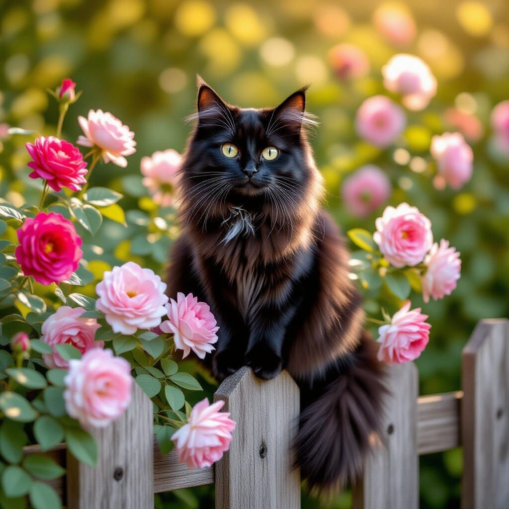 Fluffy Black Cat on Fencepost Amidst Origami Roses