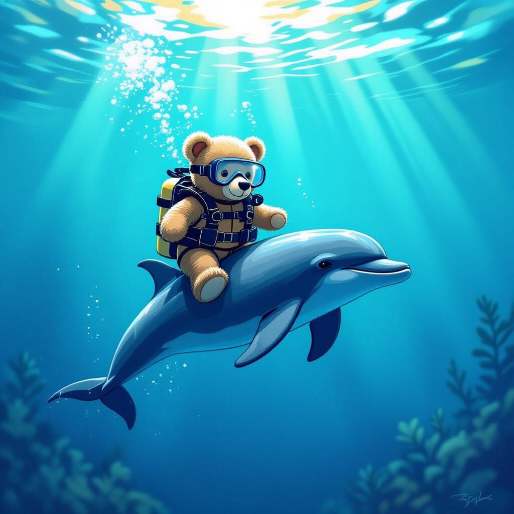 Teddy Bear Riding Dolphin Underwater in Dreamlike Style