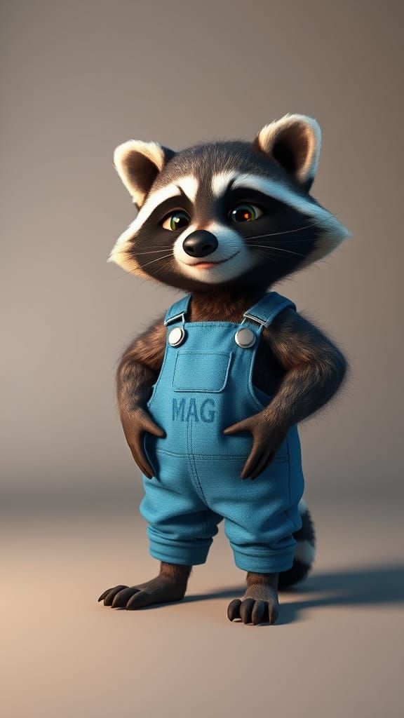 Whimsical Raccoon in Bright Blue Overalls, Set Against Soft ...