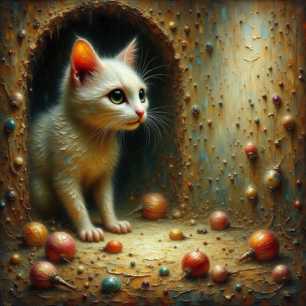 Whimsical Mixed Media Scene of a Watchful Cat and Adorable M...