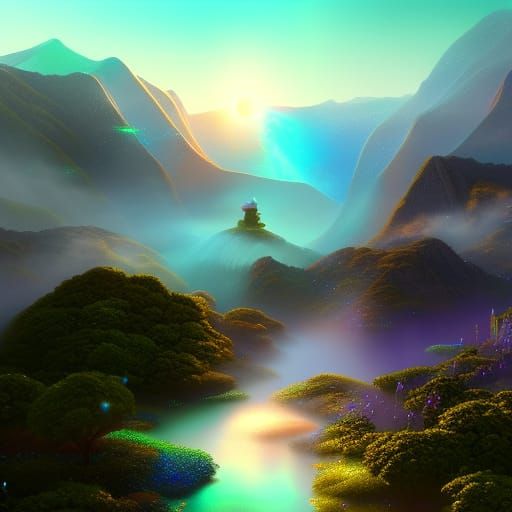 Ethereal Fantasy Landscape in Holographic Illustration Style
