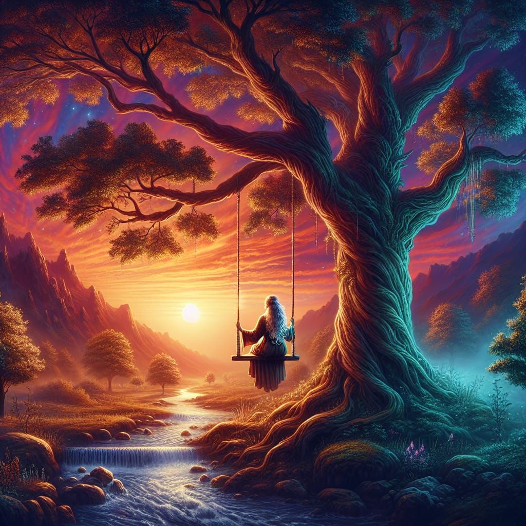 Sunset Scene with Woman on Swing in Fantasy Art Style