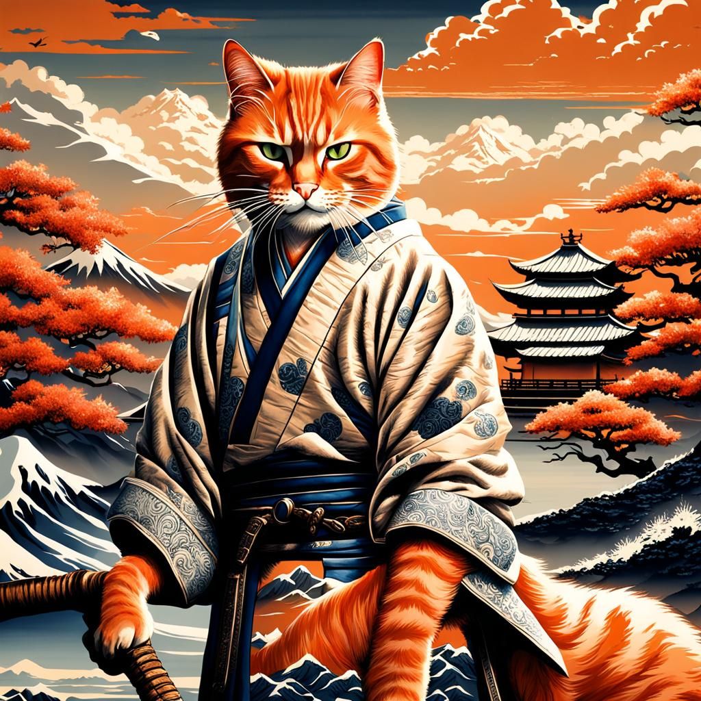 Samurai Cat in Hokusai Style