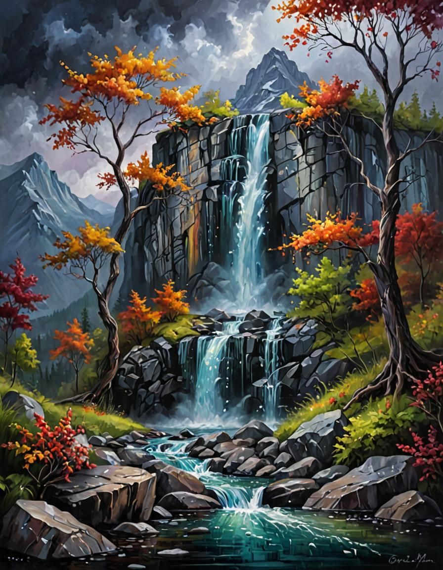 Mountain Waterfall: Fantasy Art in Oil Painting Style