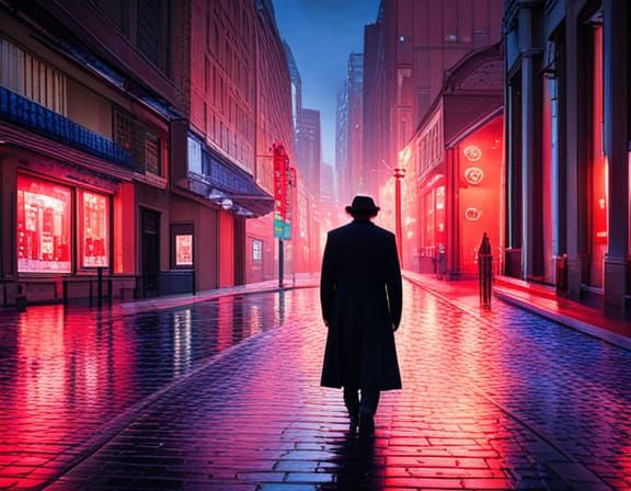 Man Walks on Rainy City Street at Night