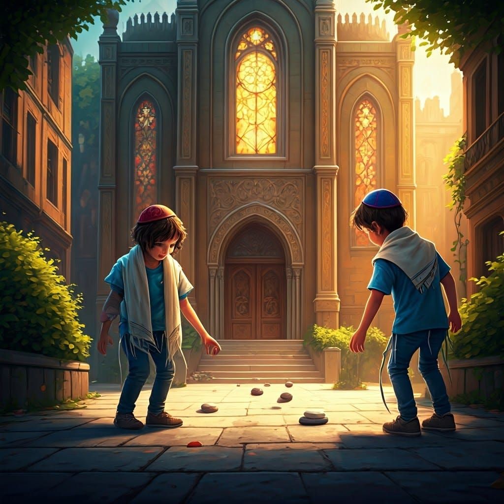 Two Jewish Children Play Among Vibrant Synagogue and Lush Gr...