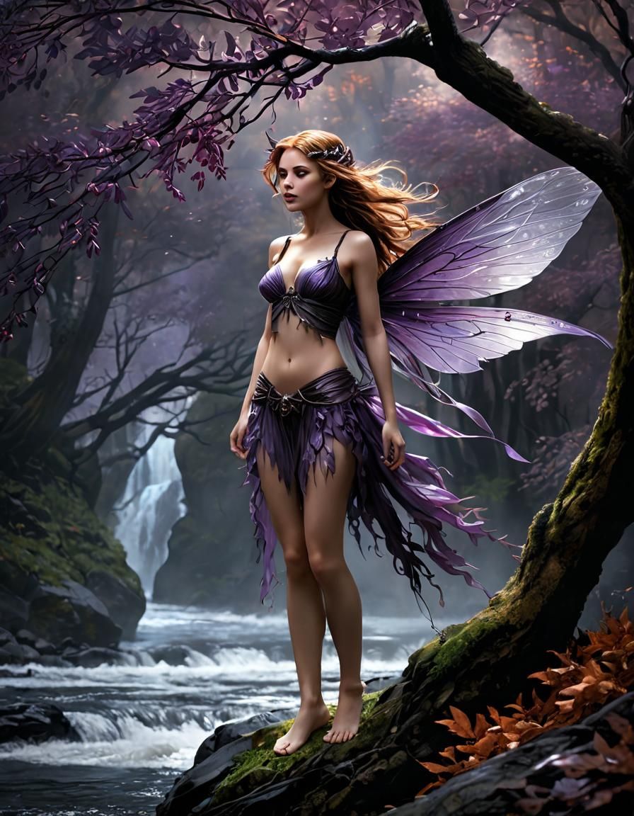 Fairy with Purple Wings by Water's Edge