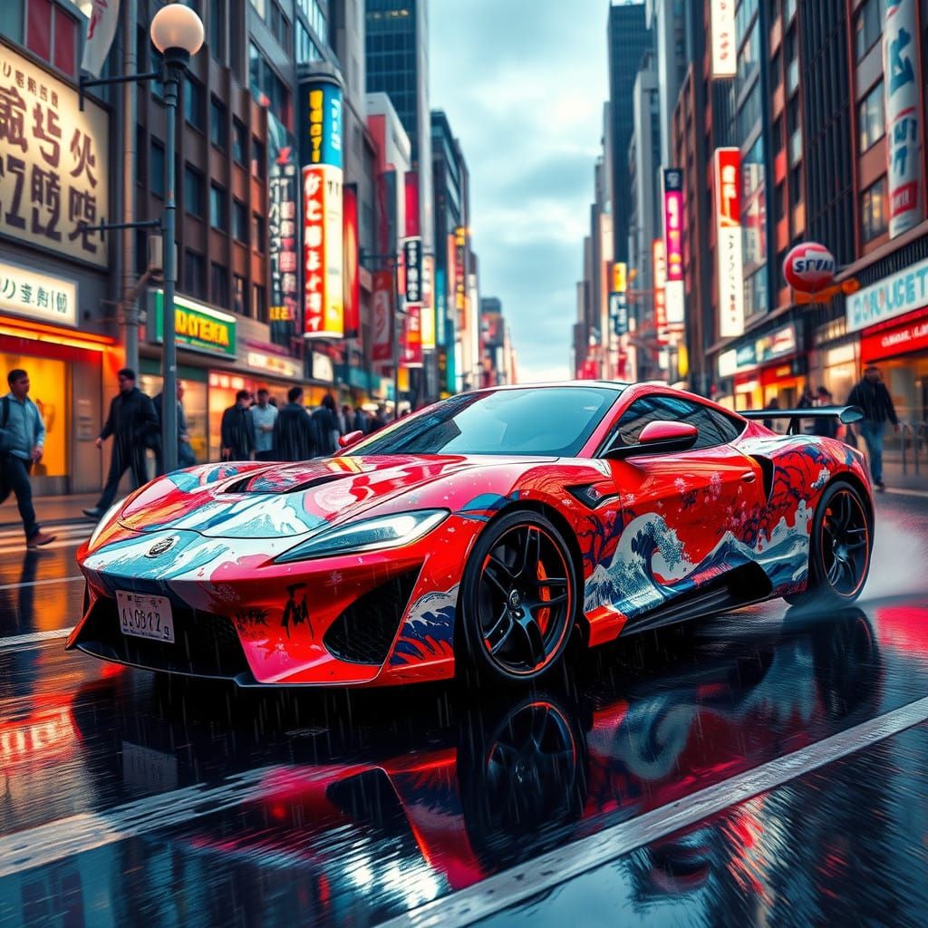 Neon-Lit Sports Car Blending with Tokyo Cityscape in a Vibra...