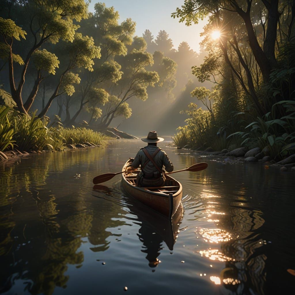 Rowing down the river in a one man canoe. oil painting by Ja...