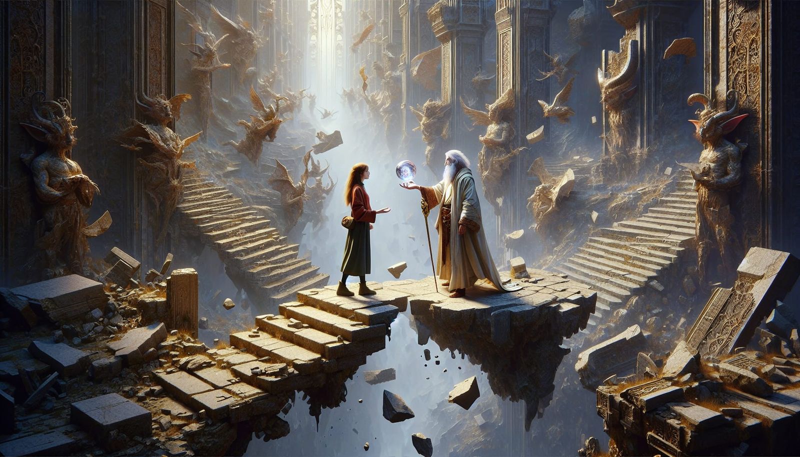 Fantasy Film Scene: Woman Confronts Goblin King on Rubble