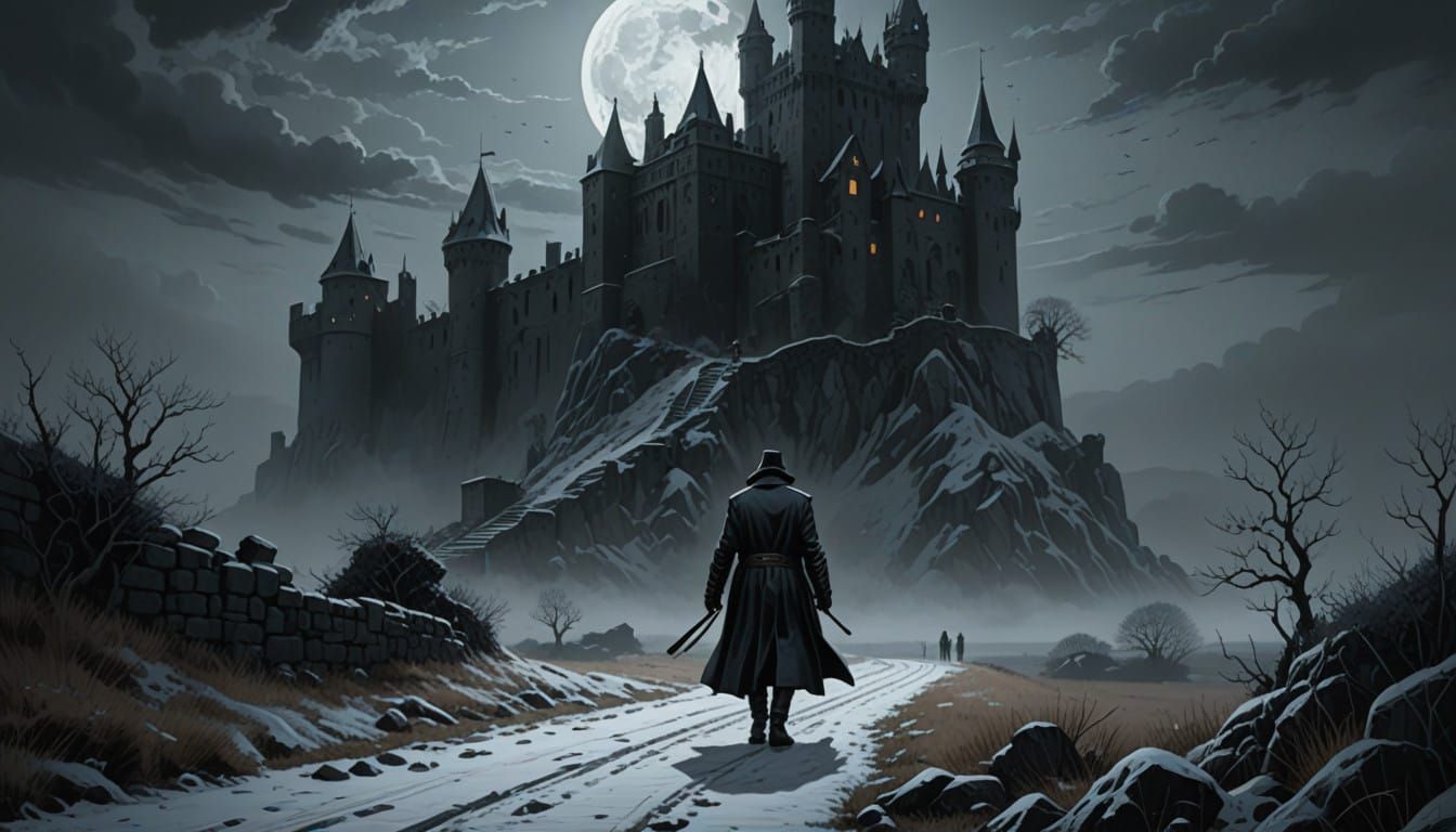 Grim Dark Fantasy Figure Approaches Ruined Castle