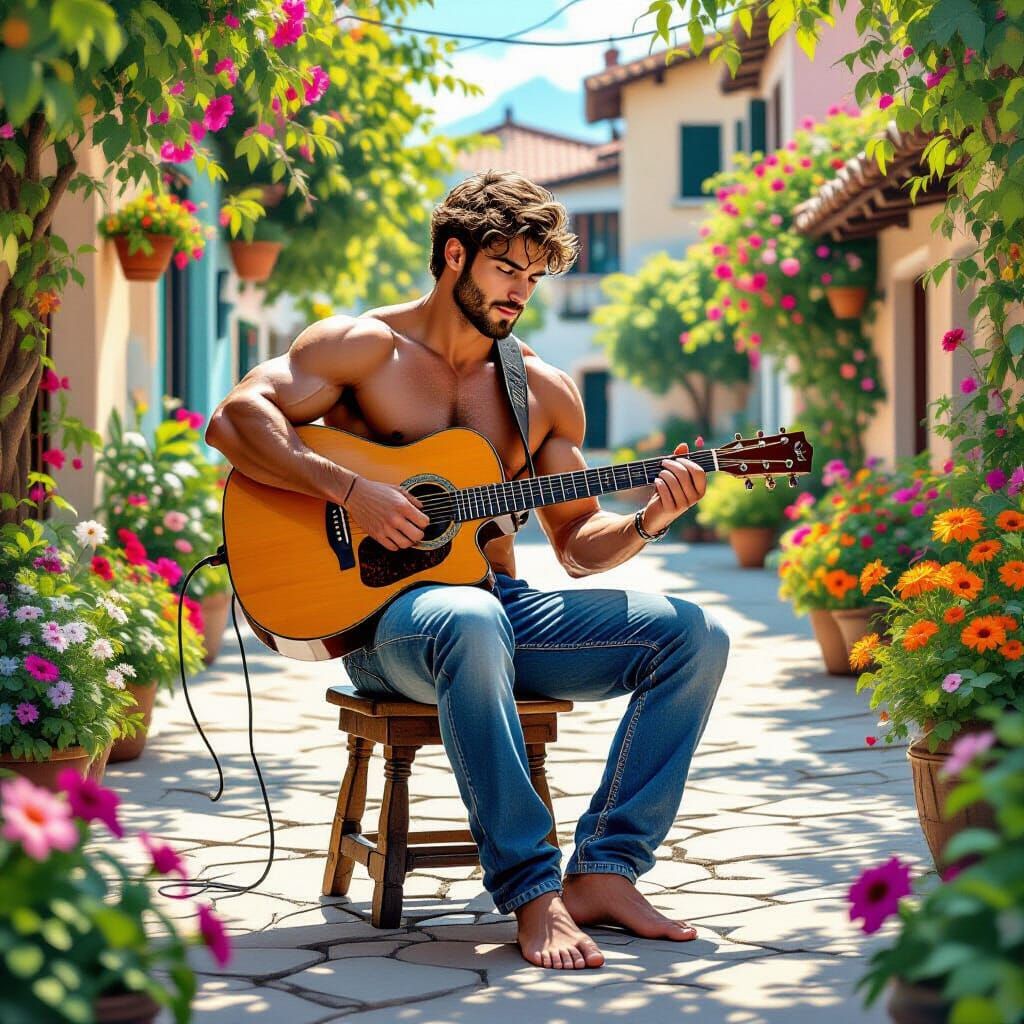 Man Playing Guitar Barefoot in Village Square