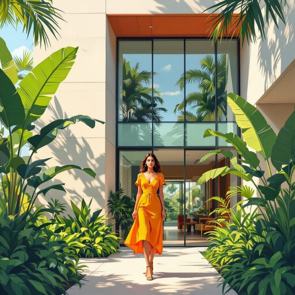 Woman in Sundress at Modern Building Facade