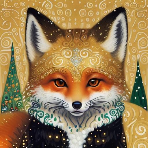 Foxes in Snowy Park: Klimt-Inspired Illustration