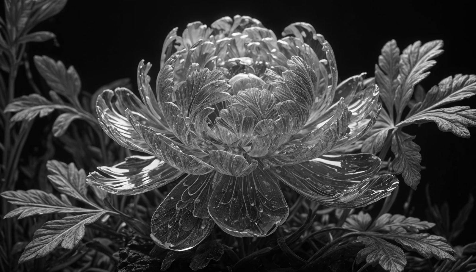 Bioluminescent Crystal Peony in Dark Forest