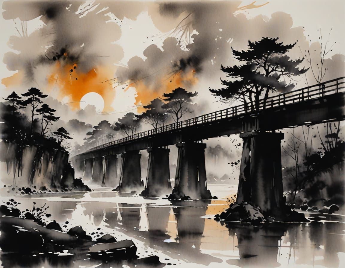 Ethereal Train Sunset in Monotone Ink