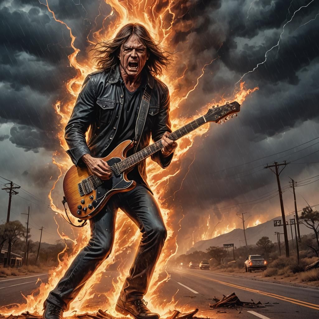 Electric Guitarist on a Flaming Highway