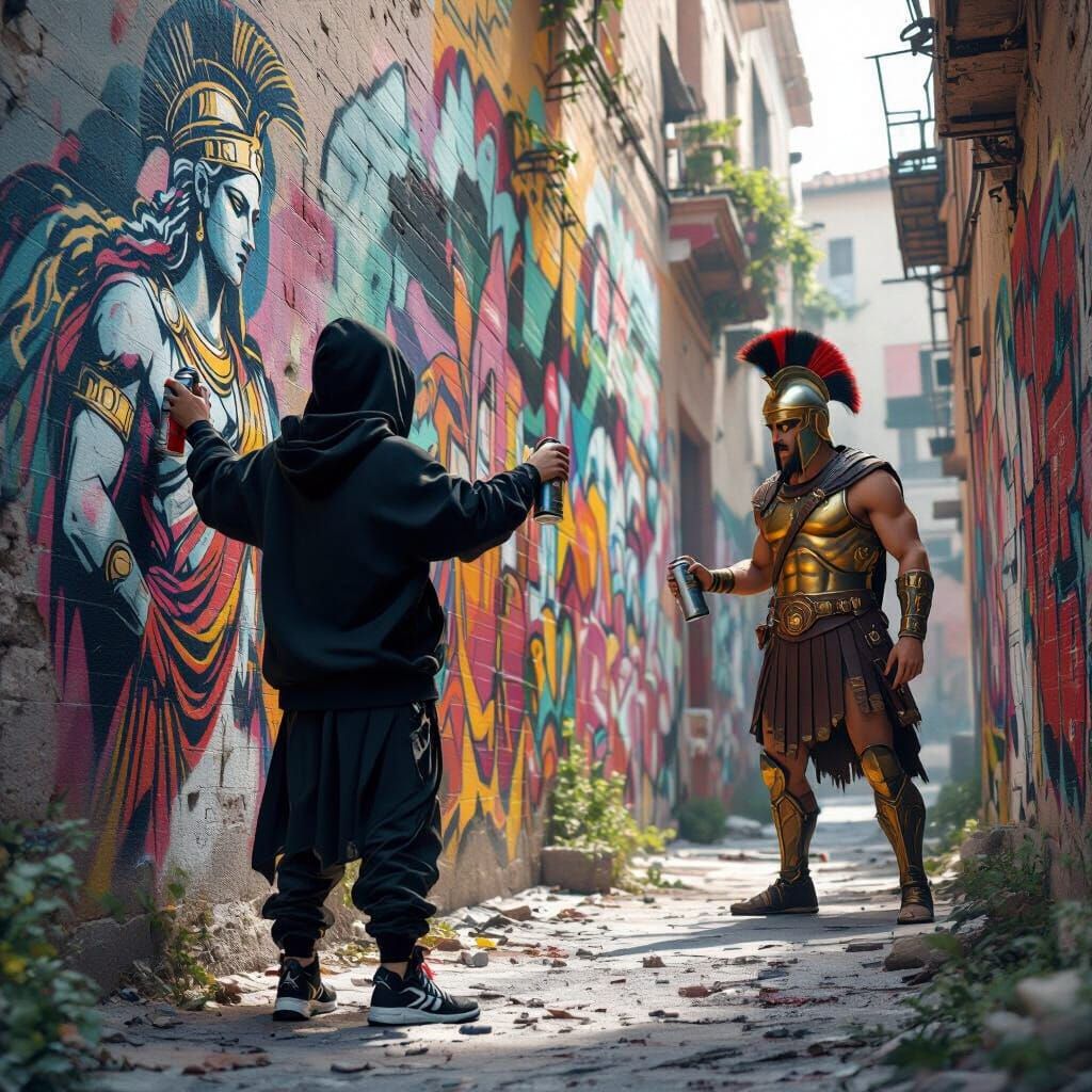 Athena as Street Artist in Gritty Alleyway Mural