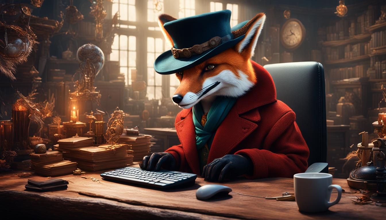 Red Fox at Computer: Detailed Fantasy Art