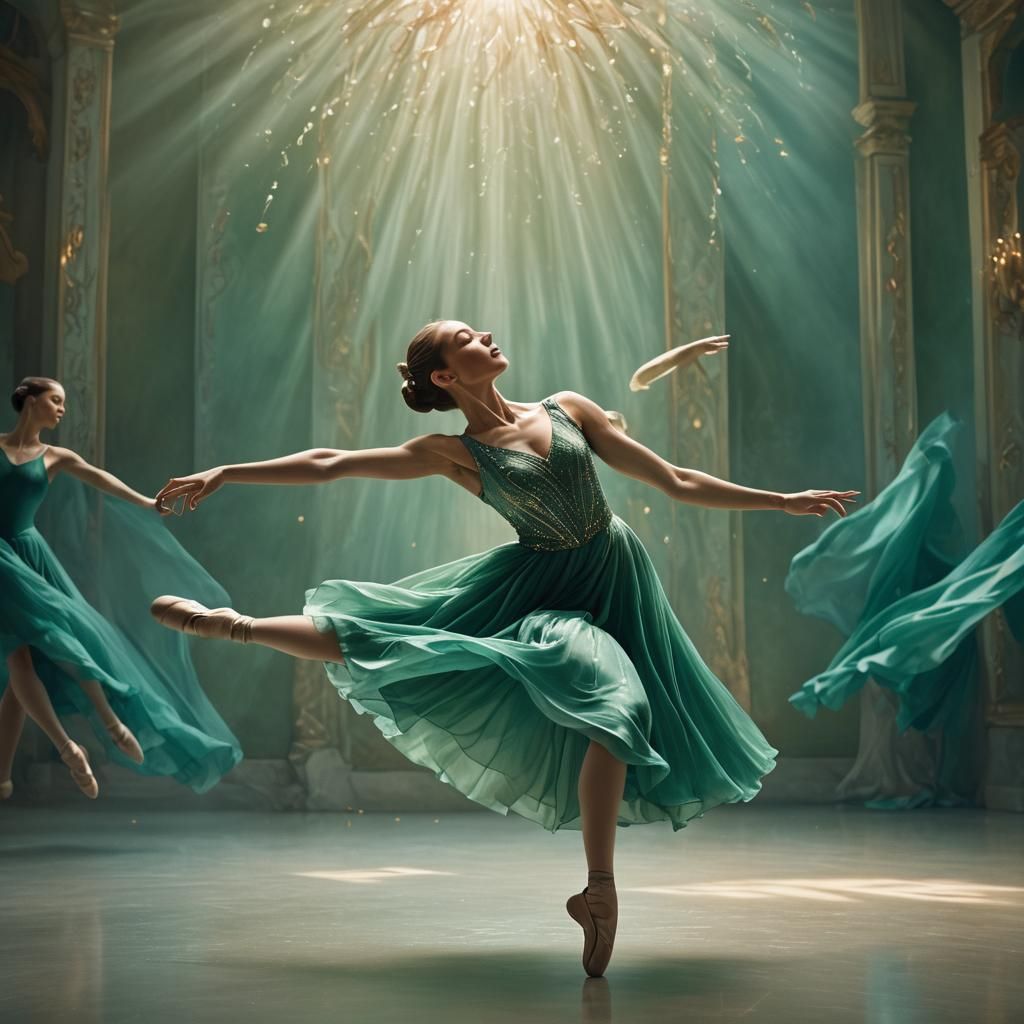 Ballet Dancer Leaping in Green Silk Dress