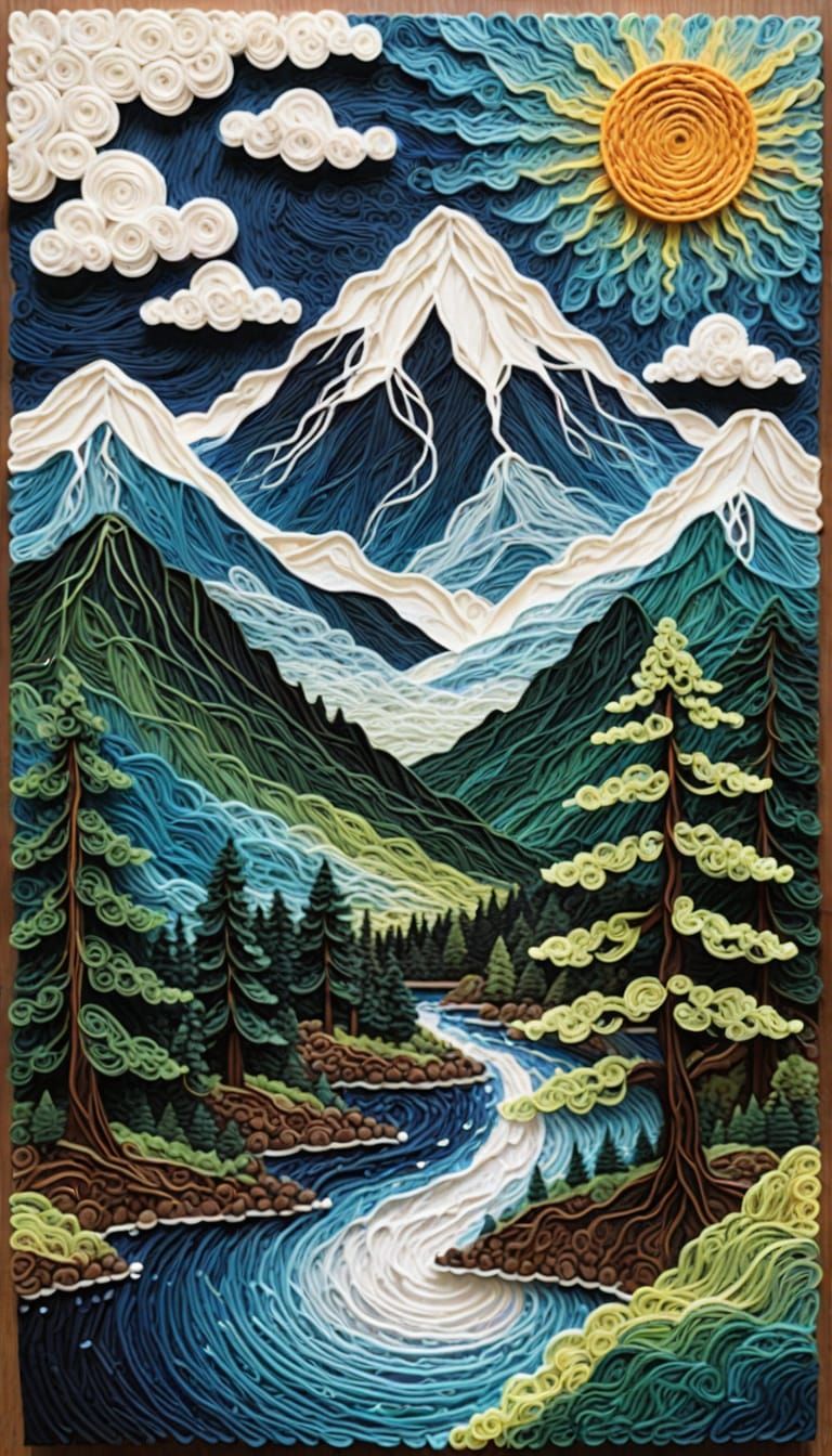 String Art Cloudscape Collage with Mountain Lake