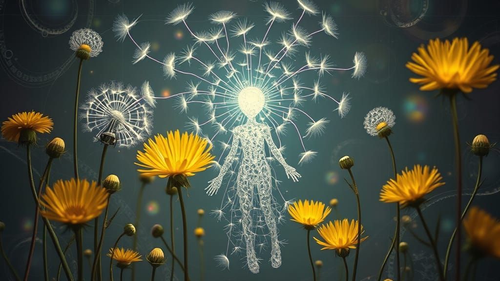 Ethereal Silver Being with Dandelion Balloons