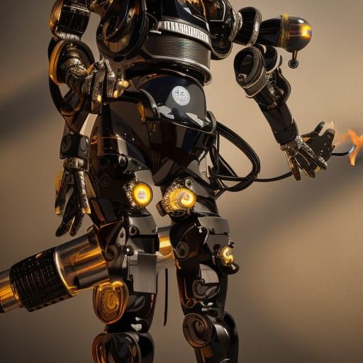 Hyperrealistic Robot with Flamethrower in Cinematic Style