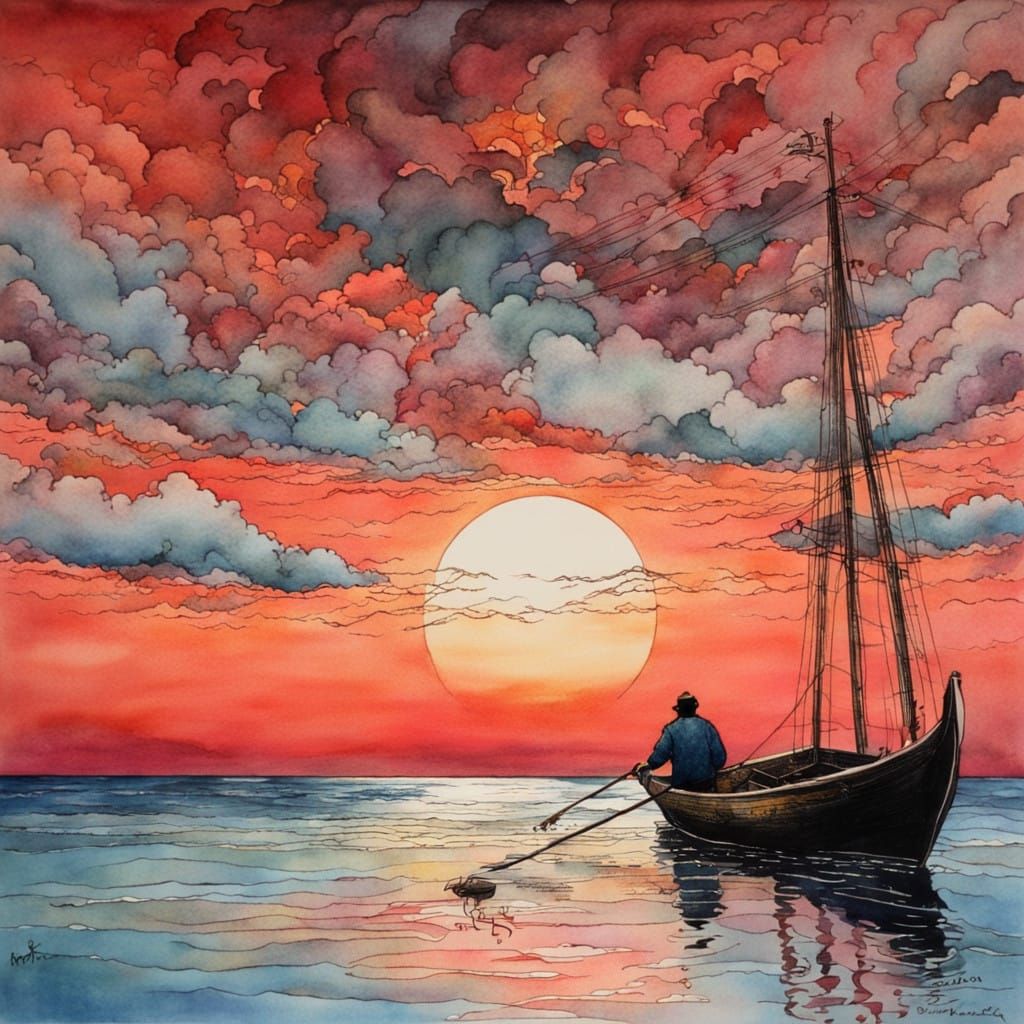 A Mysterious Fisherman Rows into a Vibrant Ocean Sunset