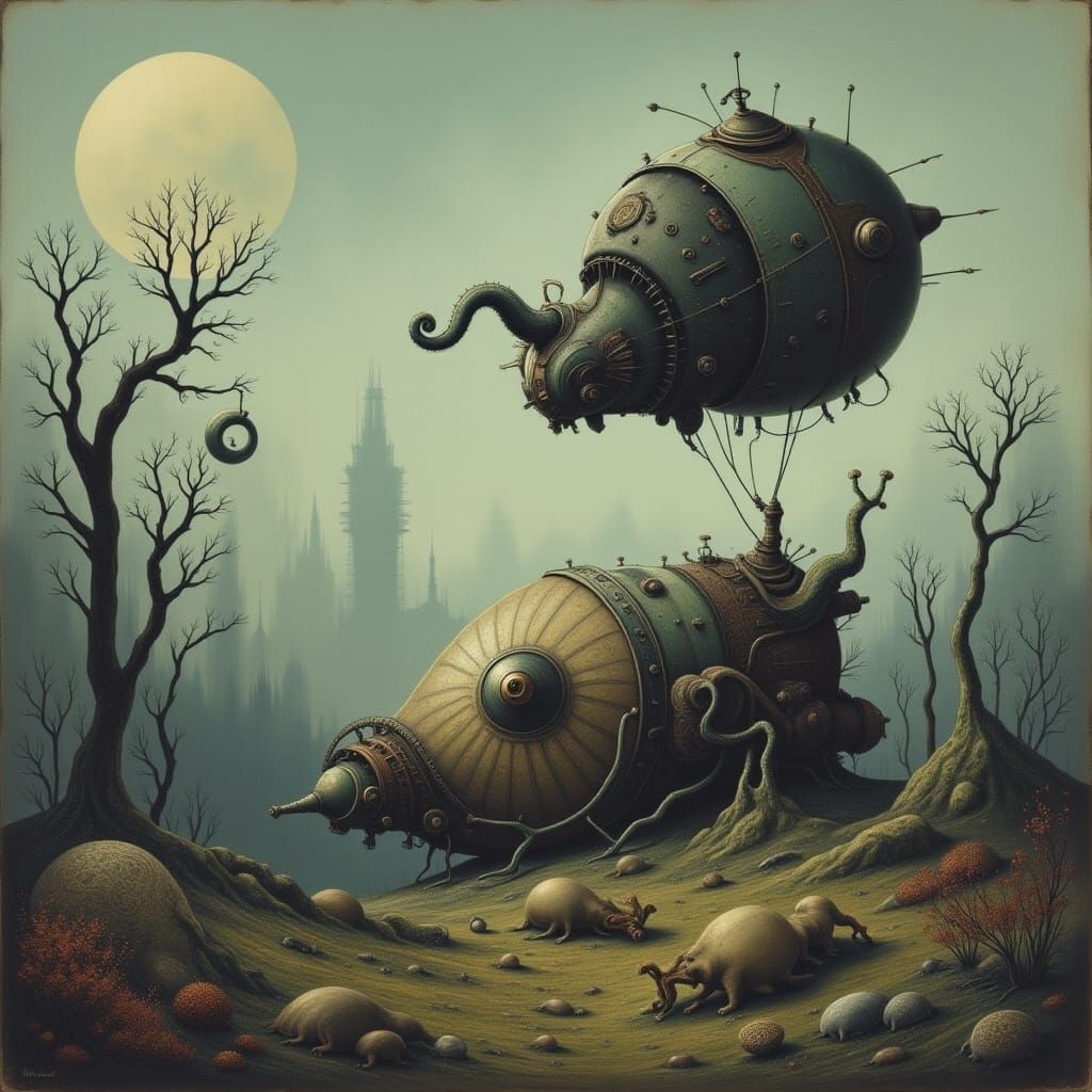 Retrofuturistic Spaceship Above Alien Jungle Wreckage