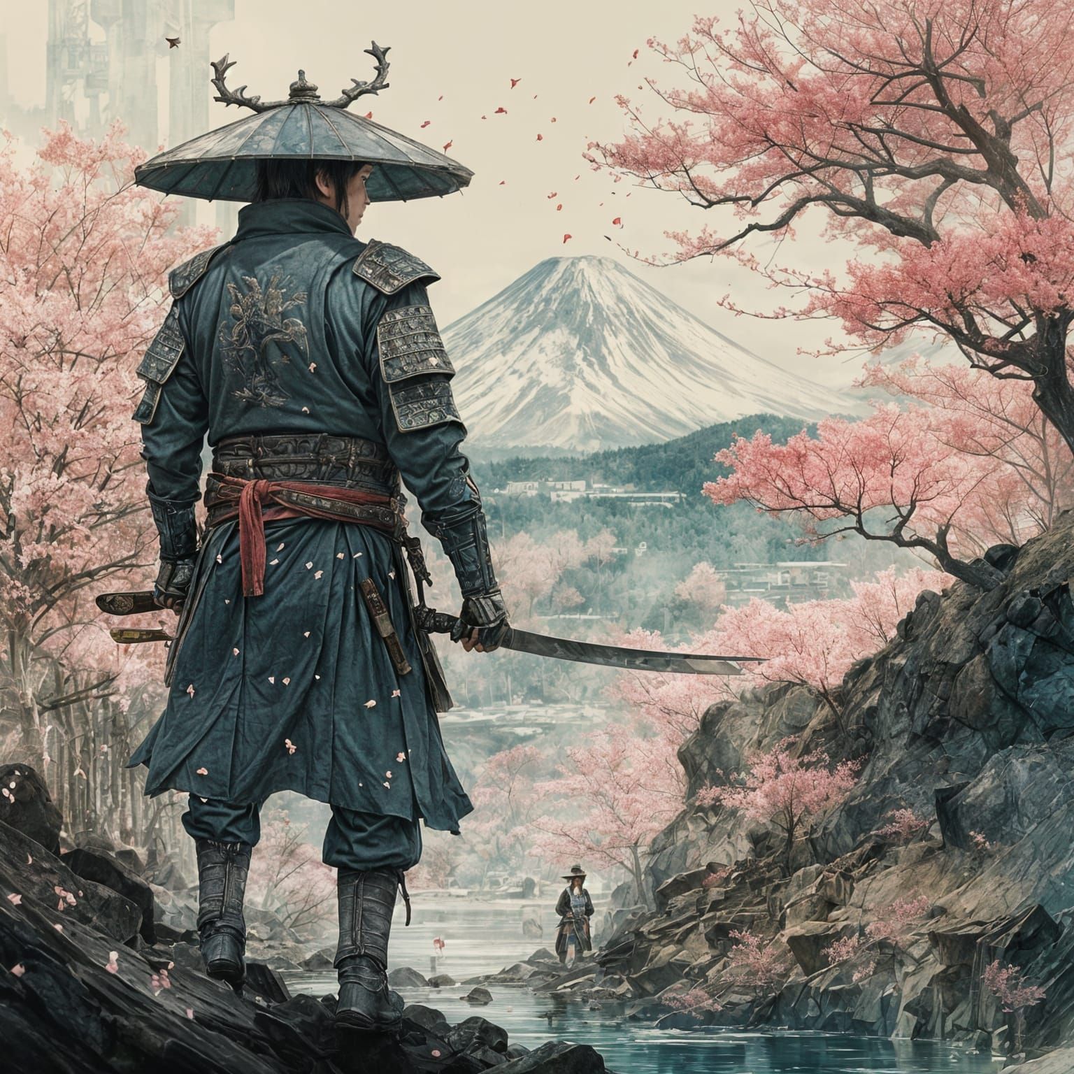 Samurai Katana with Japanese Landscape Double Exposure in Go...