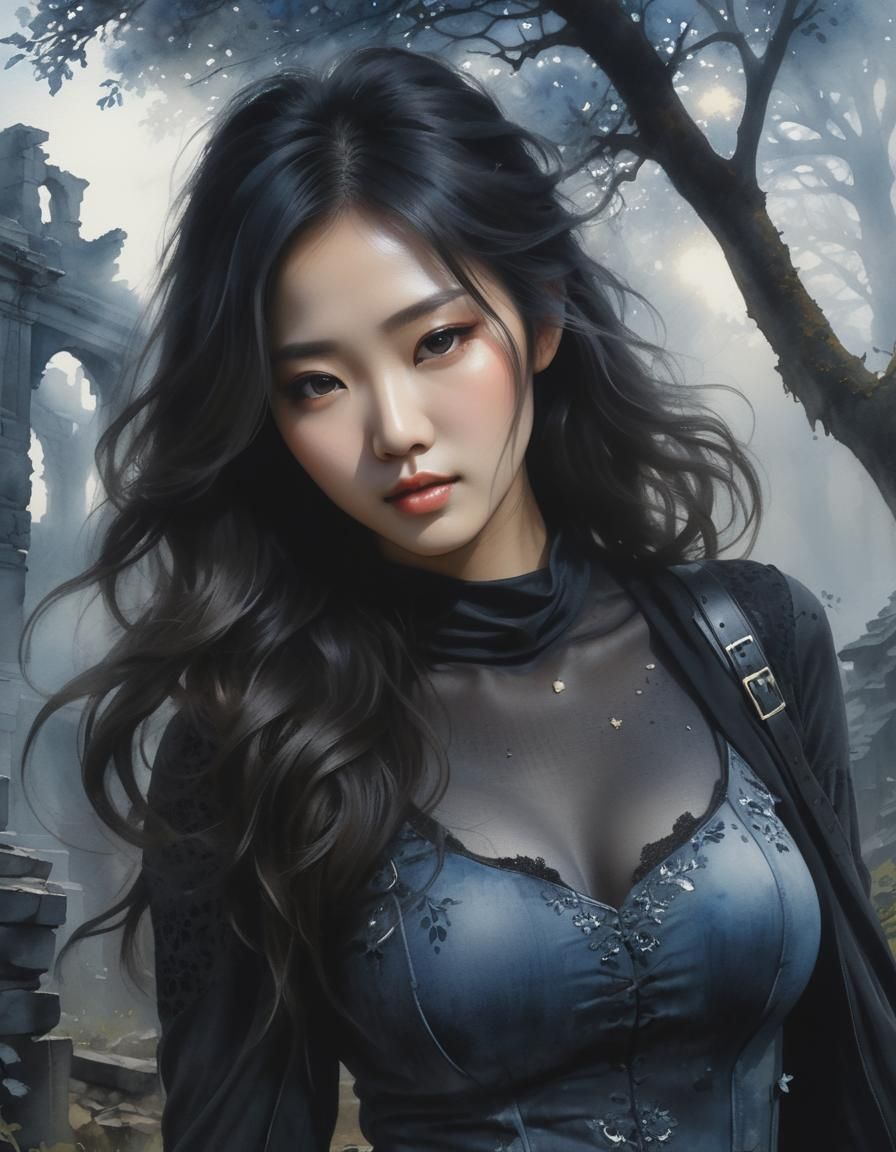 Surreal Watercolor Silhouette of Woman in Ruins