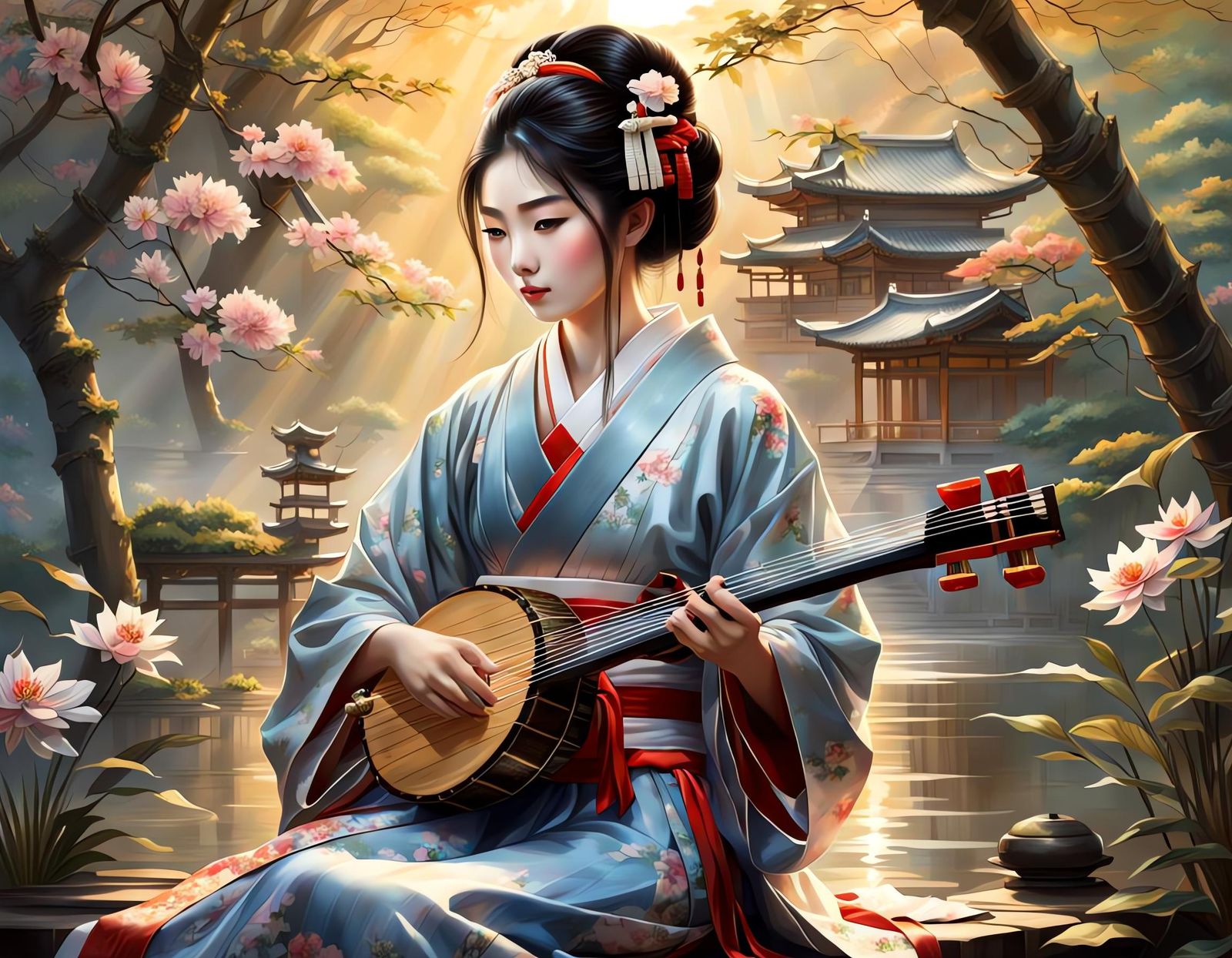 Geisha with Shamisen: A Zen-Style Digital Fine Art