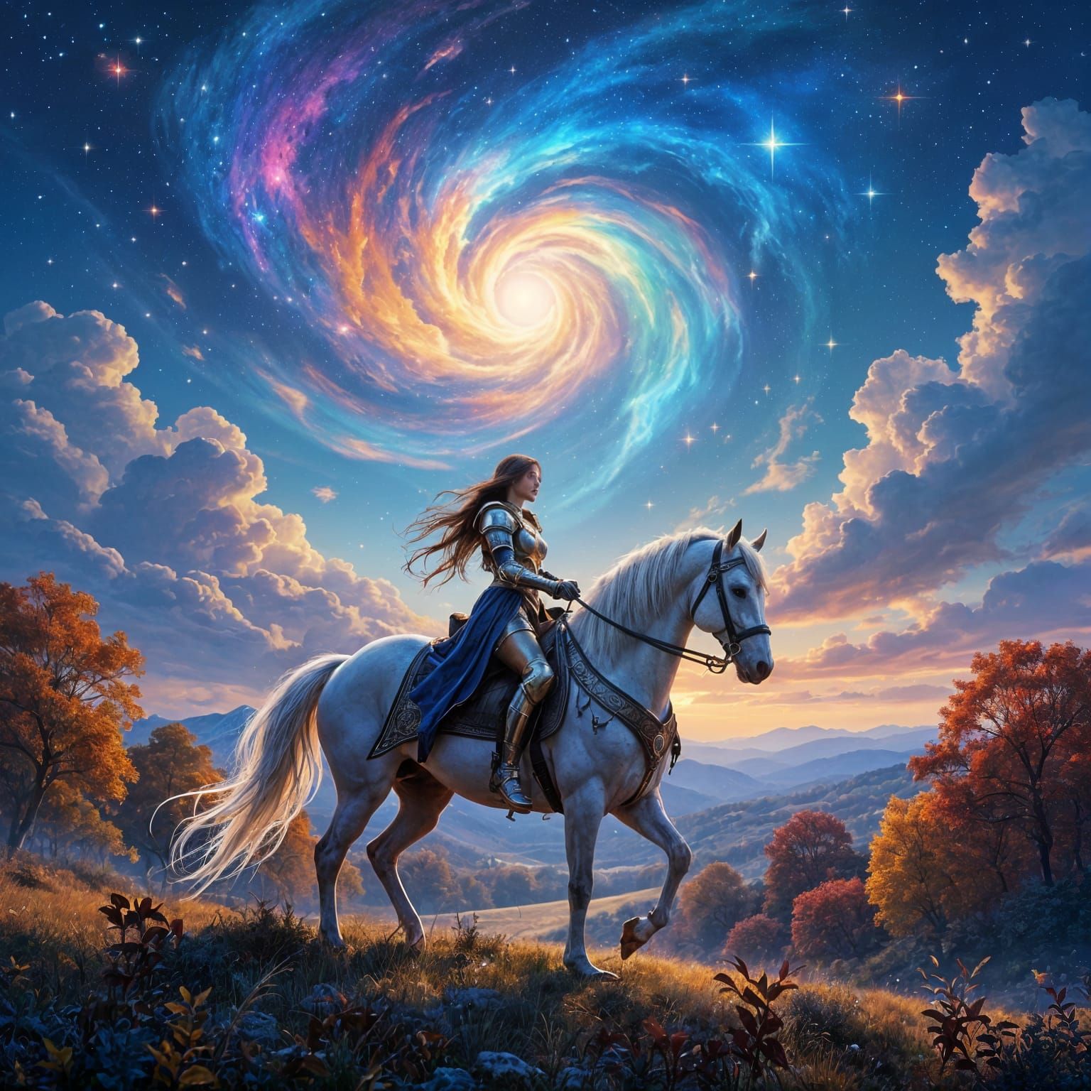 Mystical Woman in Armor with White Horse Under Starry Autumn...
