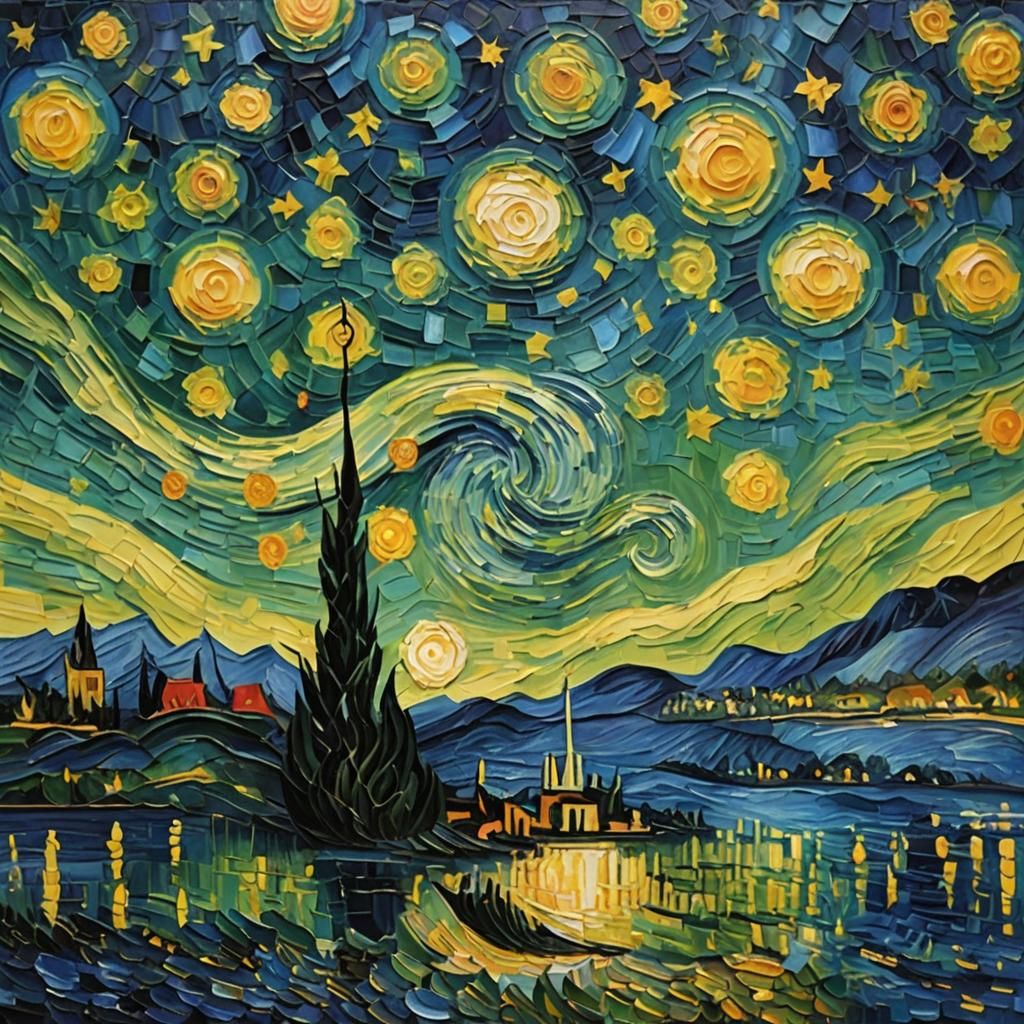 Starry Night River: Neo-Impressionist Oil Painting