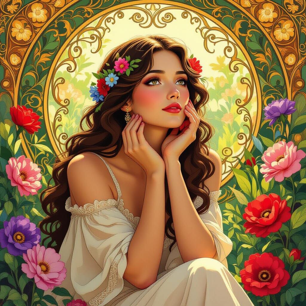 Serene Woman Amidst Flowers in Golden Light