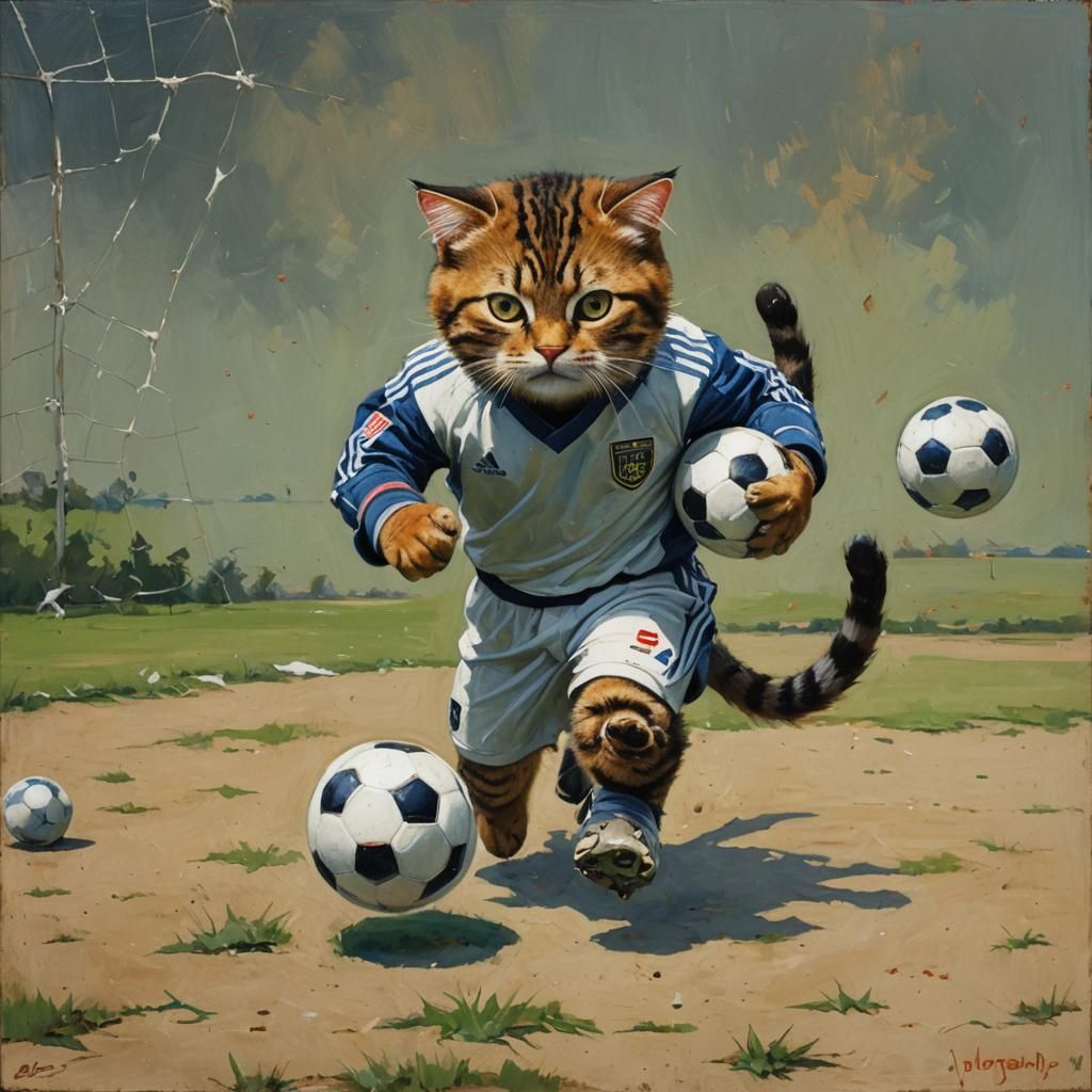 Soccer Cat Goalie Inspired by Oil Painting