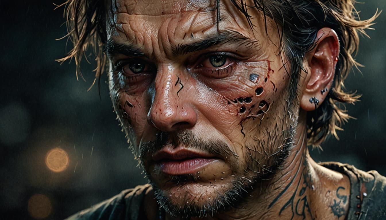 Dramatic Portrait of Scarred Face in Hyper-Realistic Style