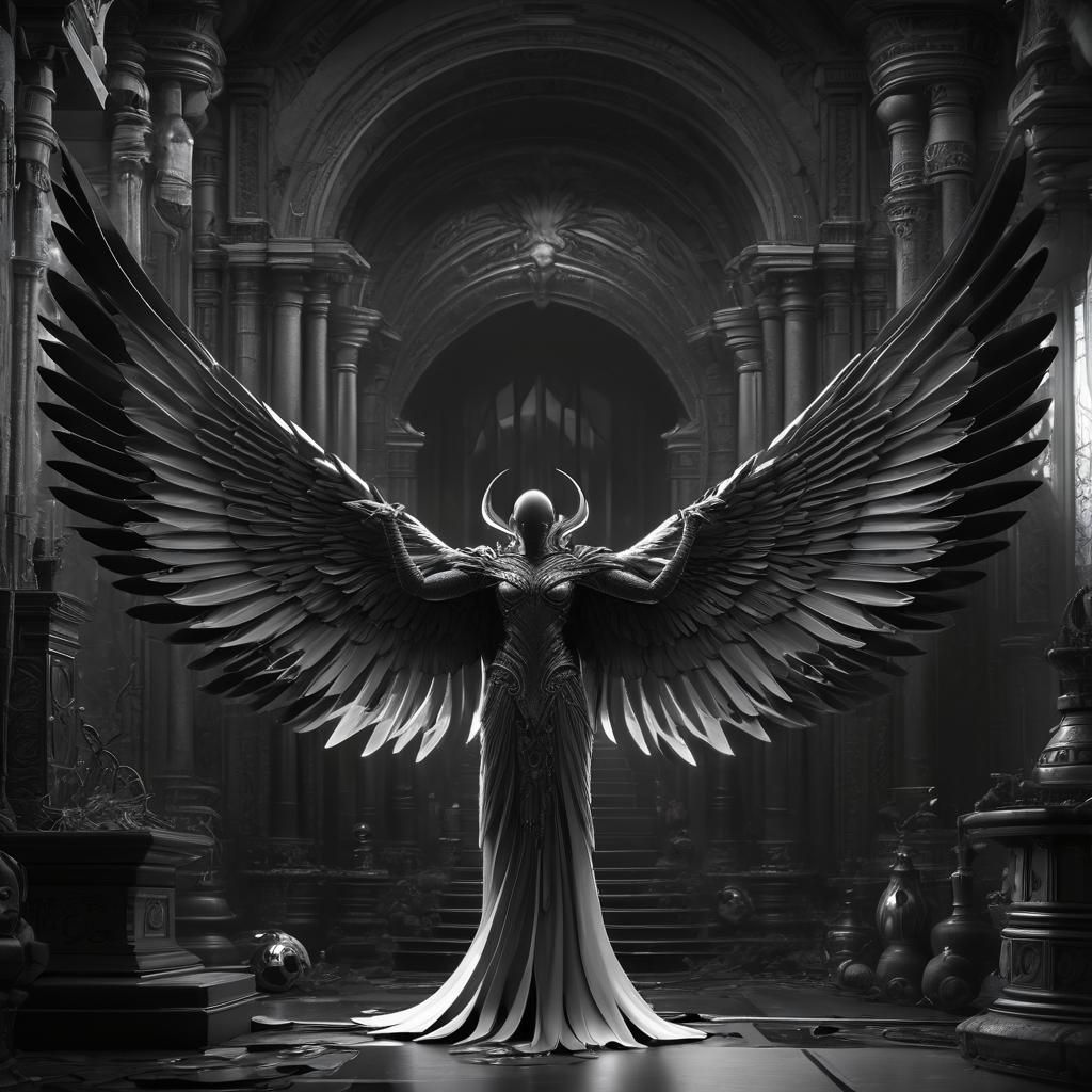 Mystical Being with Dual-Colored Wings in Metallic Detail