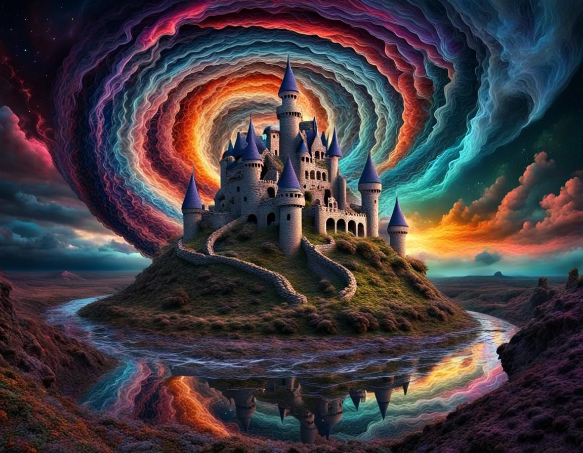 Threadwork Castle Tornado in Surreal Galaxy: 3D Render
