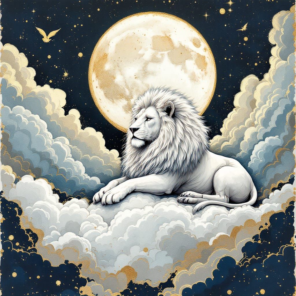 Majestic White Lion in Clouds, Alcohol-Ink Marbling