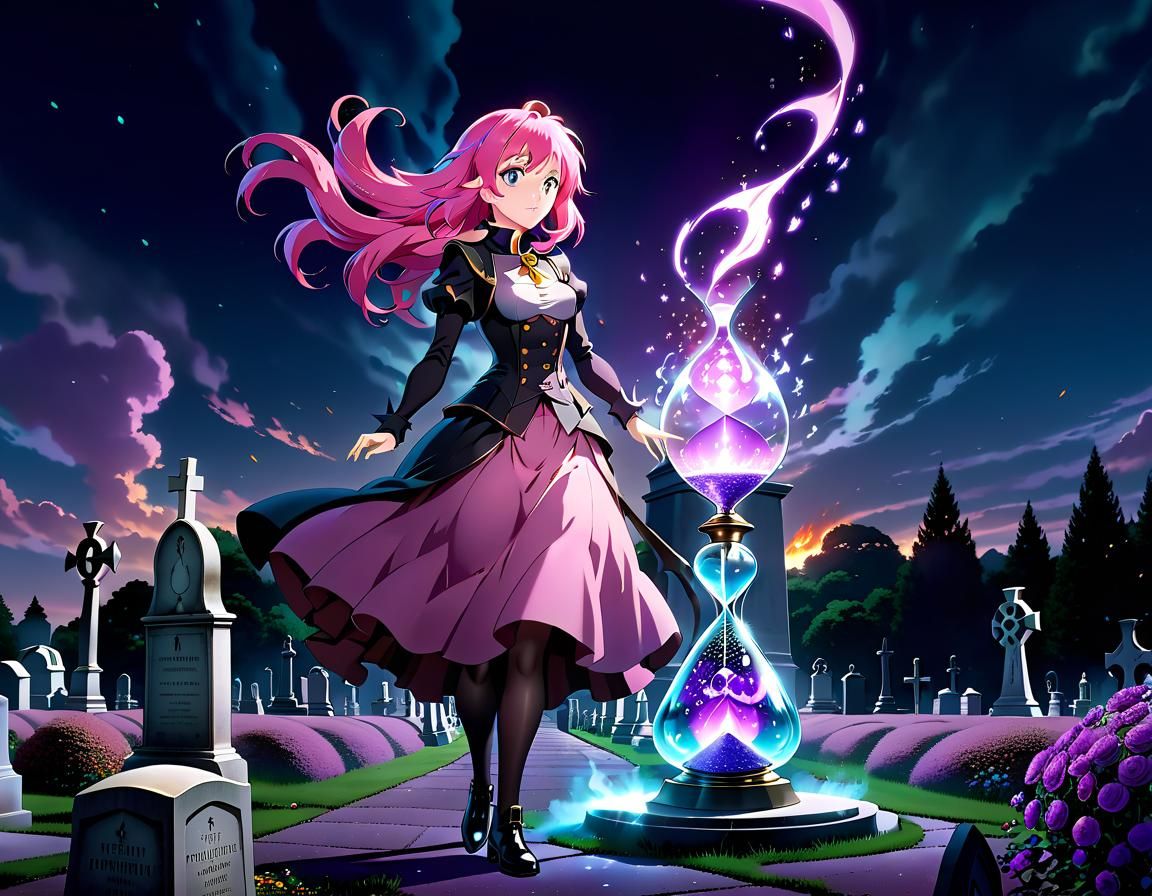 Anime Sorceress Wields Elemental Magic in Cemetery