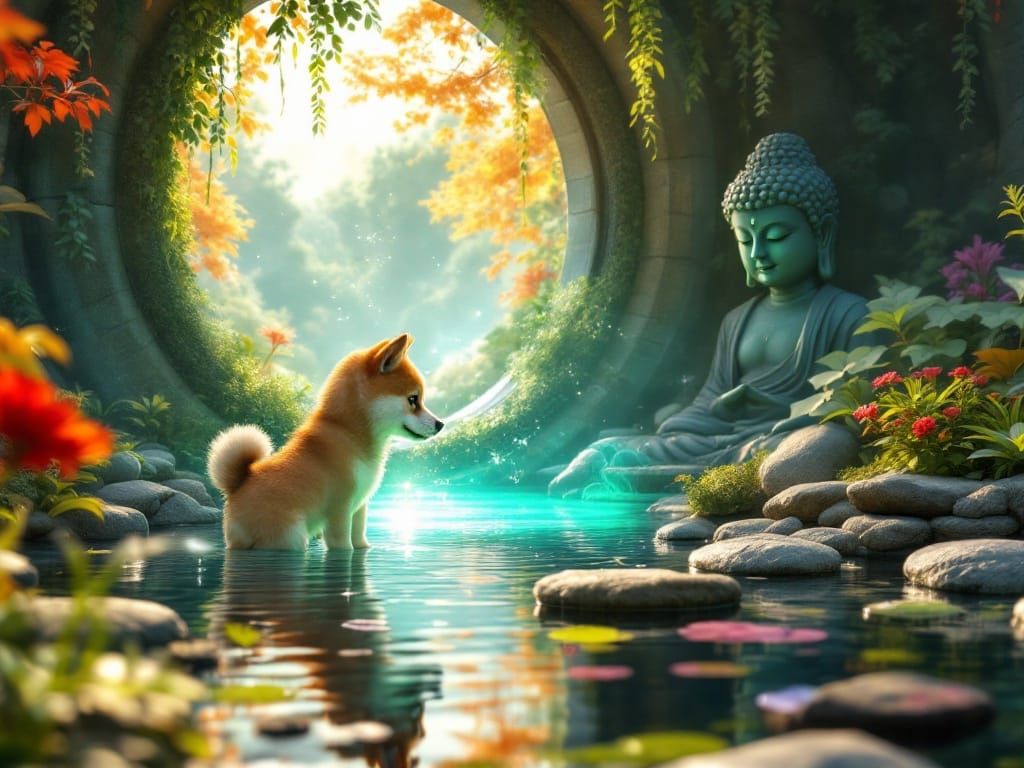 Surreal Shiba Inu Encounter in Japanese Water Garden with Hi...