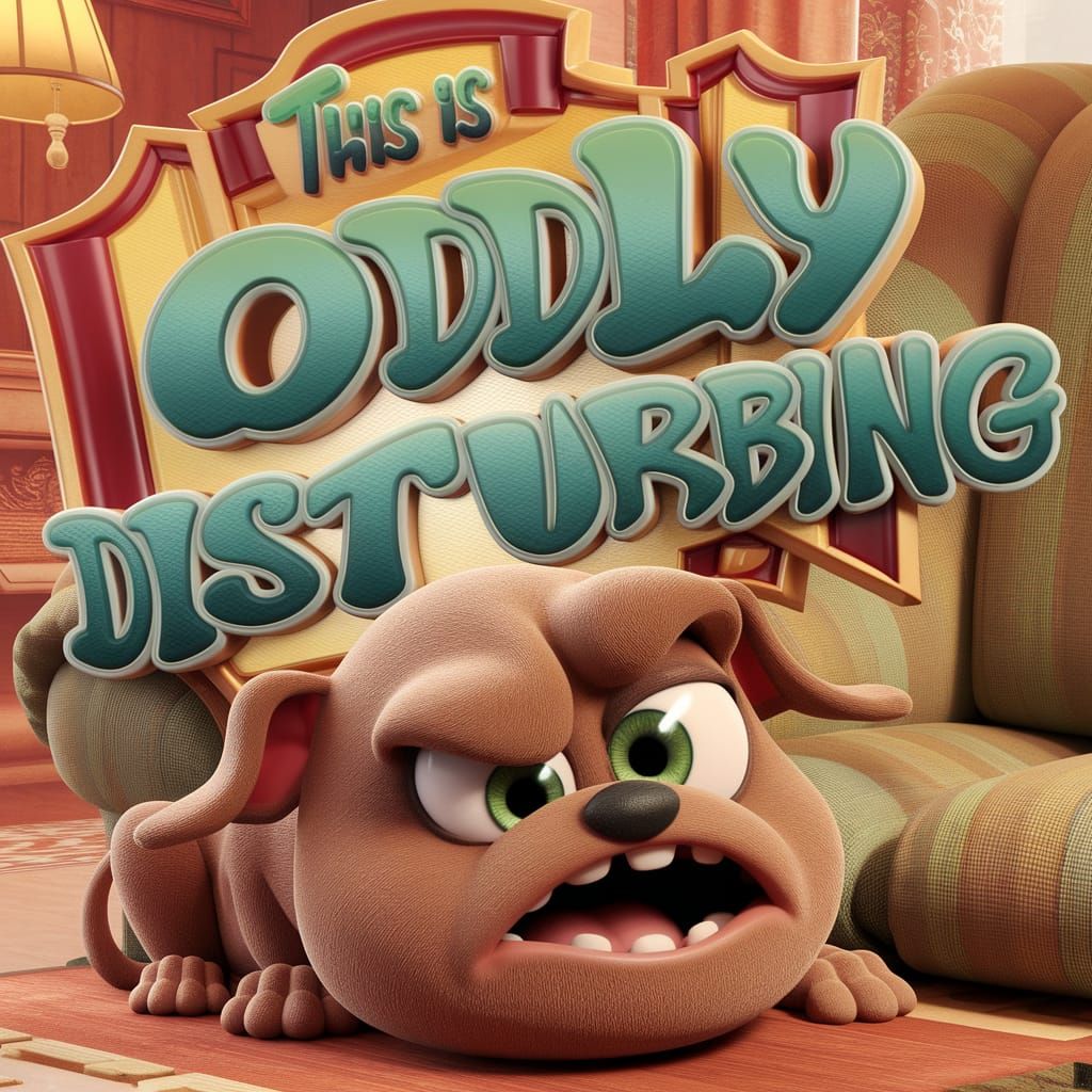 In a cozy living room setting filled with warm hues and soft lighting, a bizarre, brown 3D Pixar-style cartoon puppy sit...